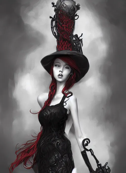 Prompt: a highly detailed illustration of tall beautiful red haired lady wearing black spaghetti strap dress and sun hat, elegant pose, perfect face, perfect body, perfect eyes, intricate, elegant, highly detailed, centered, digital painting, artstation, concept art, smooth, sharp focus, league of legends concept art, wlop.