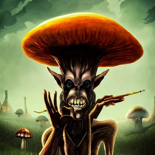 Image similar to 4 k headshot portrait of a psychedelic demonic anthropomorphic wendigo smoking a hand - rolled cigarette smoking heavily, magic mushroom village in background. award winning. superb resolution. in the art style of junji ito and greg rutkowski. detailed mushroom city in background. hyper realistic anime. perfect art. dalle 2