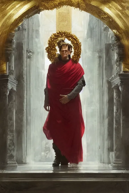 Prompt: beautiful portrait oil painting, steve buscemi wearing a golden wreath in royal crimson robes enthroned as the god emperor of ancient rome, mid - shot, by anders zorn, wonderful masterpiece by greg rutkowski, beautiful cinematic light, american romanticism, by thomas lawrence, greg rutkowski