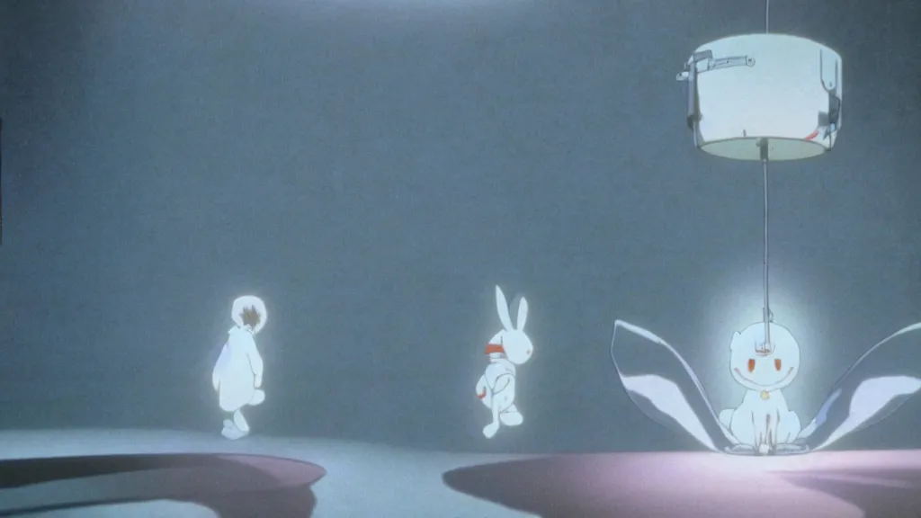 Image similar to a white rabbit waits in front of volumetric light, anime film still from the an anime directed by Katsuhiro Otomo with art direction by Salvador Dalí, wide lens