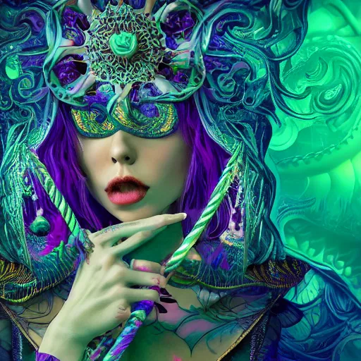 Image similar to psychadelic witch, hyper detailed, flowing psychadelic background intricate and detailed, ornate 8 k gorgeous intricate detailed, octane render