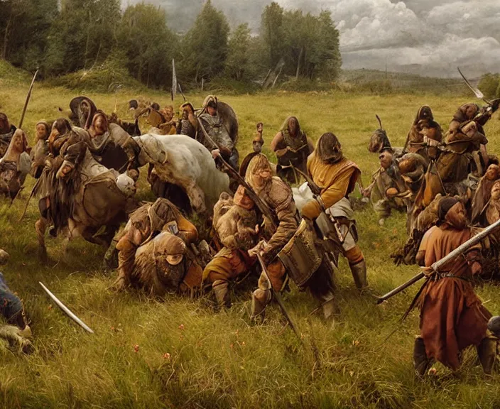 Image similar to a peaceful encampment of barbarian men in an irish meadow, art by denys tsiperko and bogdan rezunenko, hyperrealism