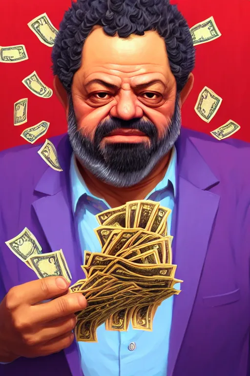 Image similar to a highly detailed beautiful portrait of Luiz Inácio Lula da Silva in Hell wearing a hawaiian shirt, counting money in front of people, highly detailed, 2d game fanart behance hd by Jesper Ejsing, by RHADS, Makoto Shinkaih and Lois van baarle, ilya kuvshinov, rossdraws global illumination, cinematic , hyper-reslistic, depth of field, coherent, high definition, 8k resolution octane renderer, artstation