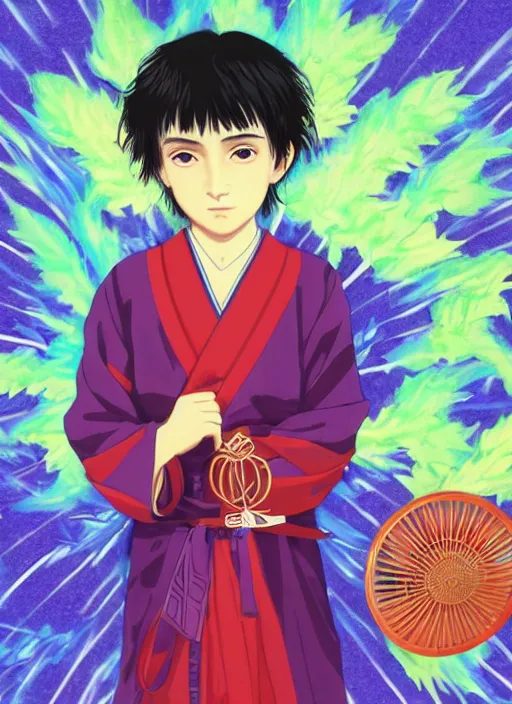 Image similar to young boy with straight indigo hair, purple eyes with red eye markers, slim body, wearing a detailed Japanese kimono with traits of the god Fuujin, holding a pair of fans. rich vivid colors, ambient lighting, dynamic lighting, 4k, official media, anime key visual, makoto shinkai, ilya kuvshinov, lois van baarle, rossdraws, detailed, trending on artstation