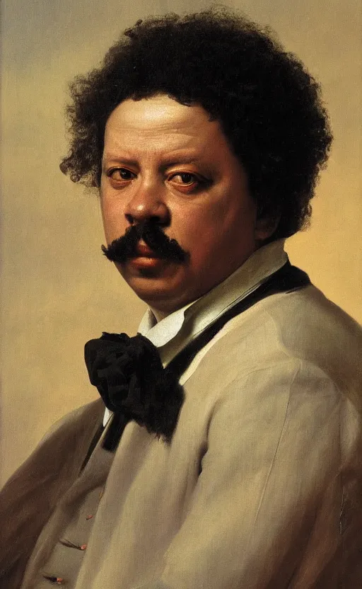 Image similar to Portrait of Alexandre Dumas, oil on canvas, highly detailed, by Kramskoy, 8k