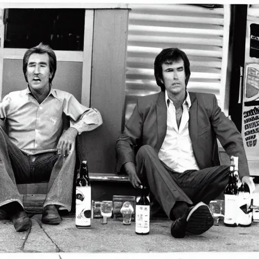 Image similar to randy mantooth and kevin tighe drunk, sitting by a dumpster drinking beer, many empty bottles lie around them