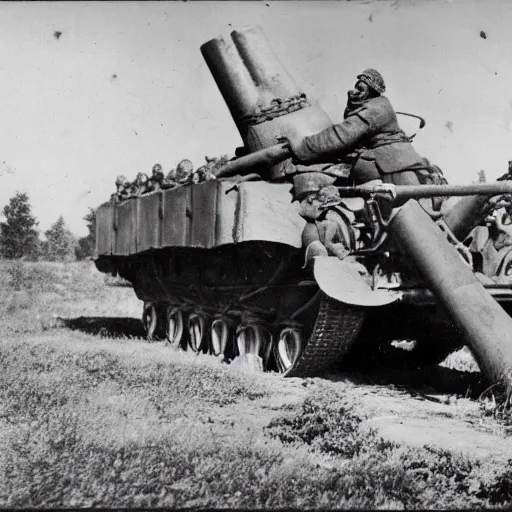 Prompt: a picture of a enormous bear pulling a towed artillery piece behind him, towed artillery piece is tied to the enormous bear, eastern front, historical picture