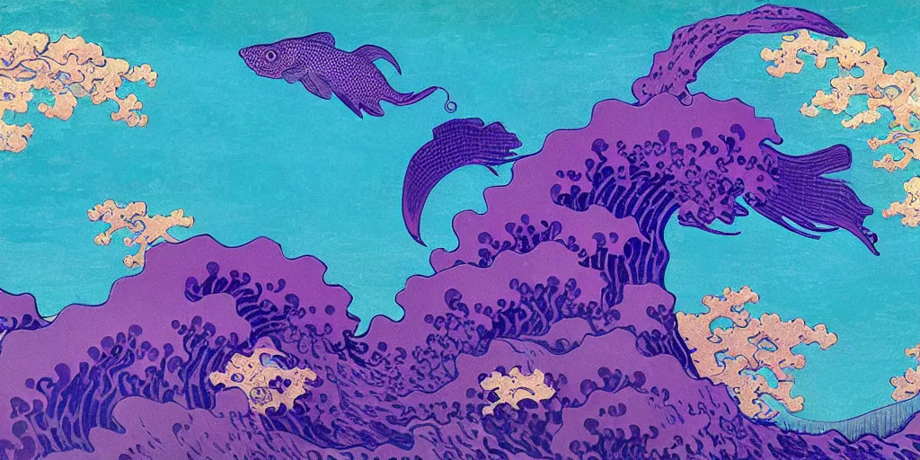 Image similar to breath takingly stunningly beautiful, purple fish, swimming in a beautiful coral reef, aesthetically pleasing Digital art, Concept art by Hokusai and Vincent Van Gogh and Claude Monet