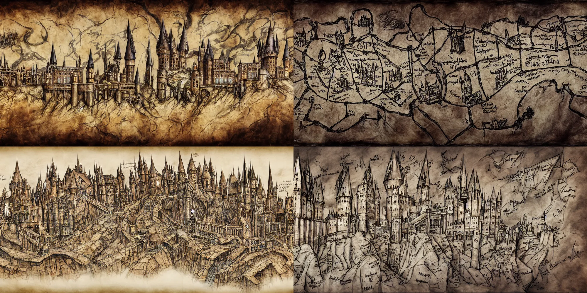 Prompt: concept art from harry potter movies, marauders map of hogwarts school, with names, mischief managed, ink painting on realistic ripped leather, octane render, 8 k