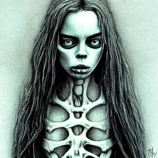 Prompt: grunge drawing of billie eilish by - Zdzisław Beksiński , corpse bride style, horror themed, detailed, elegant, intricate