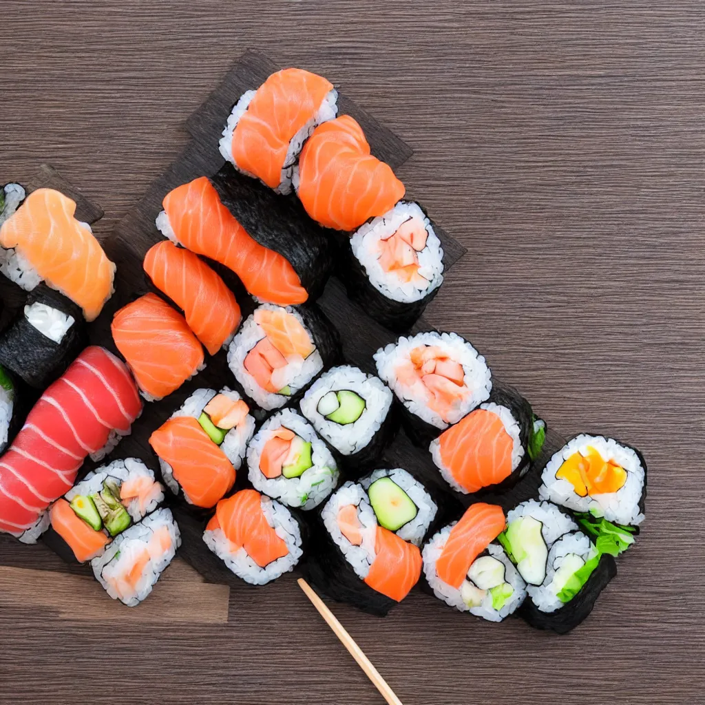 Close - up food photography of sushi set, ultra - realistic, low angle,  canon 5d, dslr, 50mm portrait, dof, , 8k, ray tracing, golden hour  lighting, uplight, hard rim lighting, pinterest on Craiyon