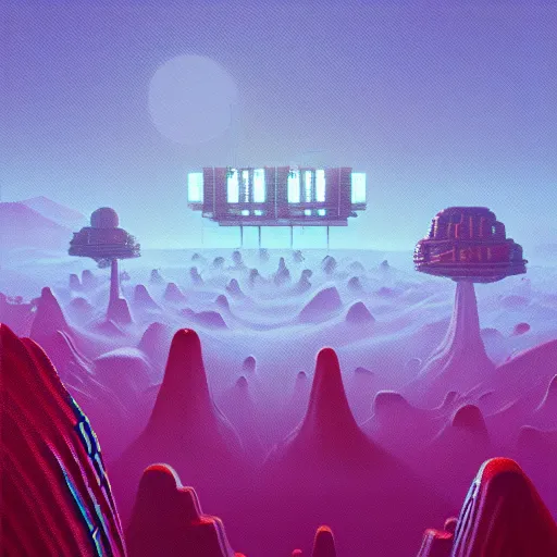 Image similar to beautiful painting of spasms of voxels over discretized skies in the style of Simon Stålenhag and H. R. Giger, detailed, trending on Artstation