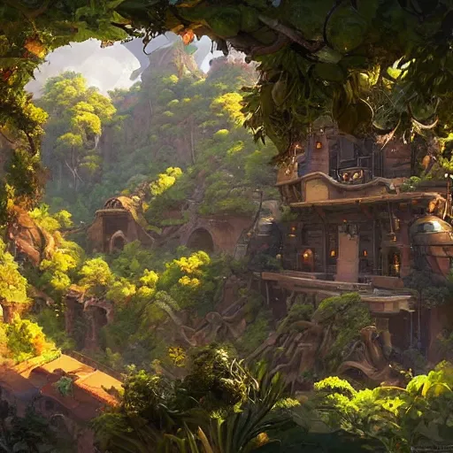 Image similar to worm's eye view of overwatch headquarters carved inside a mountain above a lush garden, neatly trimmed vegetation, magical, natural light, fantasy, sharp focus, concept art, by greg rutkowski and craig mullins, cozy atmospheric