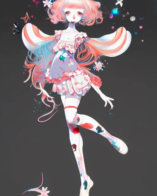 Image similar to james jean isolated vinyl figure harajuku magical girl character design, figure photography, dynamic pose, holographic undertones, motion shapes color design, glitter accents on figure, anime stylized cute guro, sharp focus, accurate fictional proportions, high delicate defined details, ethereal lighting