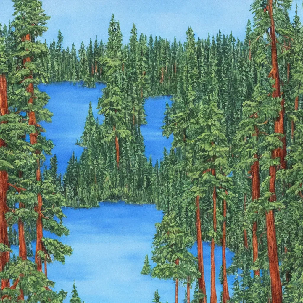 Image similar to a lake surrounded by pine trees painted by Bob Ross