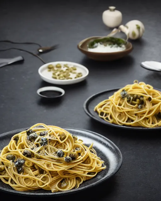 Image similar to pasta dish with anchovies and capers, lunch, cinematic lighting, hyper realism, octane render, 8 k, hyper detailed.