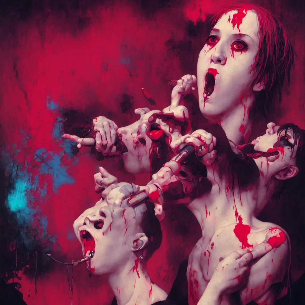 Prompt: weird and disturbing portrait of punk singer singing and puking blood, vivid colors, death, neon, art by ( ( ( kuvshinov ilya ) ) ) and wayne barlowe and francis bacon and artgerm and wlop and william - adolphe bouguereau