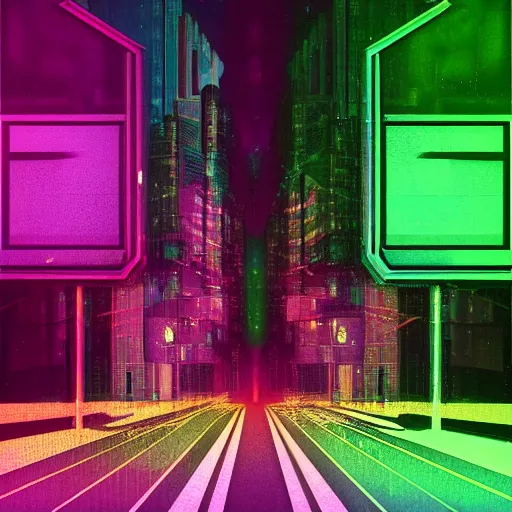 Image similar to a city street in the style of aertime, glitchart, glitch art, # glitchart, pixelsort, # pixelsort, synthwave, cyberpunk, vaporwave, deviantart