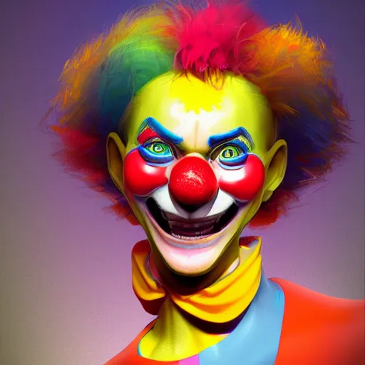 Prompt: Portrait of a colorful happy joyful funny smiling clown, artstation, cgsociety, masterpiece