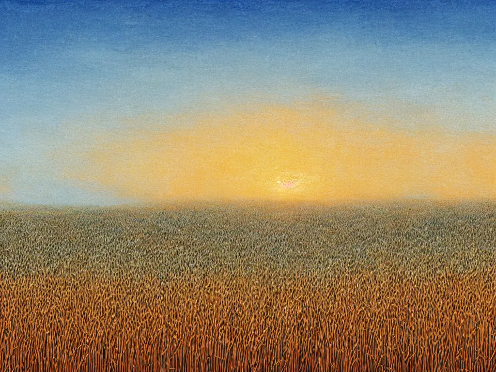 Image similar to sharp focus, breath taking beautiful, Aesthetically pleasing, gouache field of grain at sunset, digital concept art background by Hayao Miyazaki and Studio Ghibli, fine art, official media, high definition, illustration, ambient lighting, HDR, HD, UHD, 4K, 8K, cinematic, high quality scan, award winning, trending, featured, masterful, dynamic, energetic, lively, elegant, intricate, complex, highly detailed, Richly textured, Rich vivid Color, masterpiece.