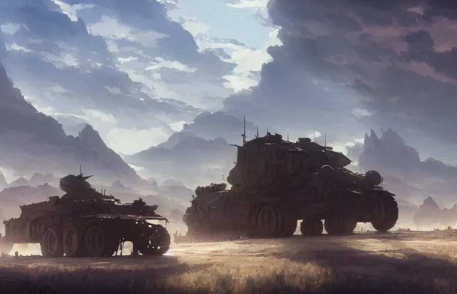 Image similar to concept art of a dusty field with ruined dieselpunk orcish tanks and smoking craters in the background, key visual, ambient lighting, highly detailed, digital painting, artstation, concept art, sharp focus, by makoto shinkai and akihiko yoshida and hidari and wlop