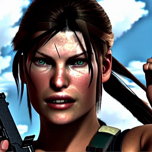 Image similar to milla jovovich as tomb raider , depicted as a Pixar character, high quality CG render, 4K