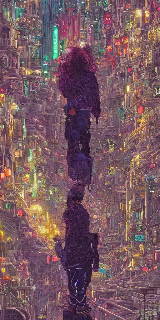 Image similar to highly detailed colorful illustration of a curly - haired persian guy in a cyberpunk city by moebius, nico delort, oliver vernon, kilian eng, joseph moncada, damon soule, manabu ikeda, kyle hotz, dan mumford, otomo, 4 k resolution