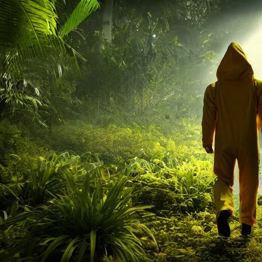 Image similar to a man wearing a hazmat suit, walking through a lush jungle, realistic octane render, ray traced, god rays, extremely high detail