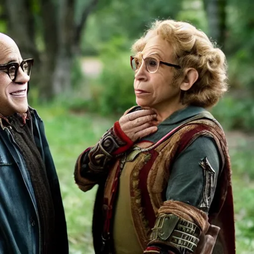 Prompt: Danny DeVito as Link, Rhea Perlman as Zelda, cinematic still