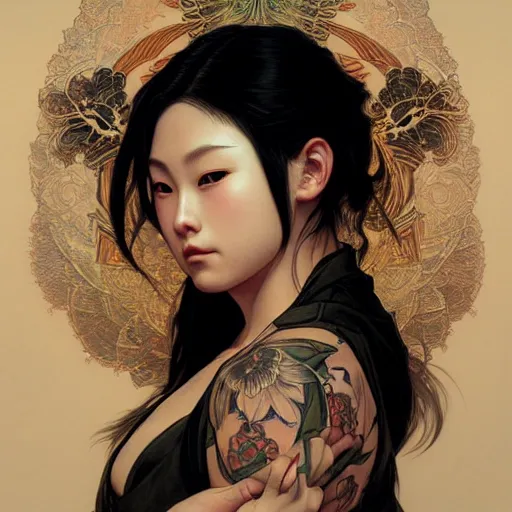 Prompt: masterpiece of a angry yakuza girl with tattoo, intricate, elegant, highly detailed, digital painting, artstation, concept art, smooth, sharp focus, illustration, art by artgerm and greg rutkowski and alphonse mucha and william - adolphe bouguereau