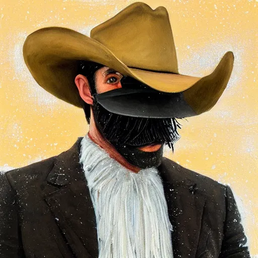 Image similar to a beautiful painting of Orville Peck wearing a fringed mask and cowboy hat, snowy background, golden hour, by Mark Maggiori, realistic, artstation