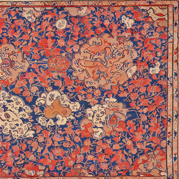 Image similar to A Persian carpet with Japanese ukiyo-e patterns and soft colors laid flat.