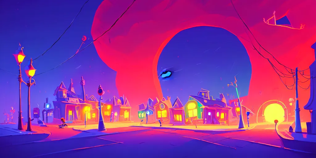 Prompt: curved perspective digital art of a summer night small town street from nightmare before christmas by anton fadeev