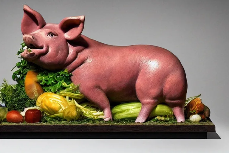 Image similar to a fake pig laying on top of vegetables on a table, a bronze sculpture by jeff a. menges, trending on pinterest, hyperrealism, hyper - realistic, hyper realism, playstation 5 screenshot