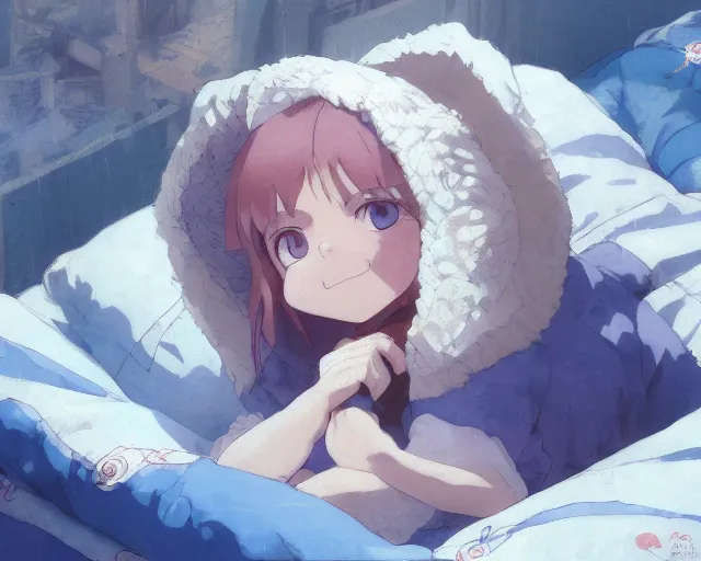 Image similar to a brunnete girl with blue eyes and puffy cheeks lying happy in her bed, close up shot from the top, anime art, Greg Rutkowski, studio ghibli, dramatic lighting