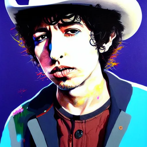 Image similar to an ultradetailed painting of young bob dylan wearing a cowboy hat and smirking by conrad roset, greg rutkowski and makoto shinkai trending on artstation