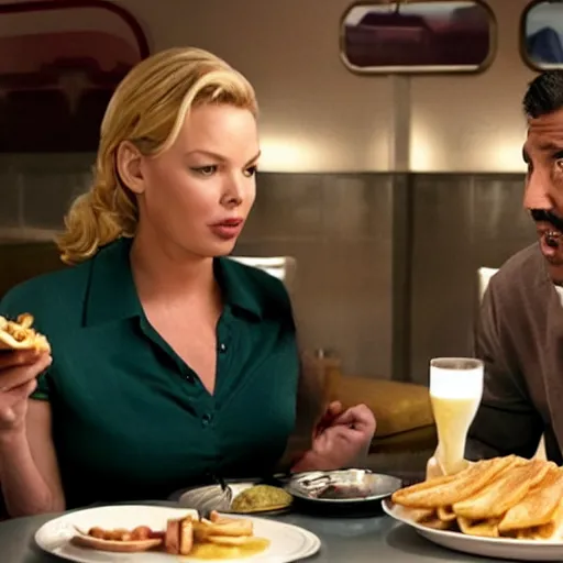 Image similar to catherine heigl and tenth is khan eating sandwiches at a diner, ultrarealistic, photorealistic, 8 k, ultra hd