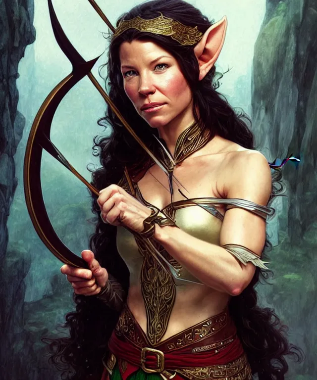 Prompt: Evangeline Lilly as a fantasy elf with a bow and arrow, portrait, fantasy, intricate, elegant, highly detailed, digital painting, artstation, concept art, smooth, sharp focus, illustration, art by artgerm and greg rutkowski and alphonse mucha