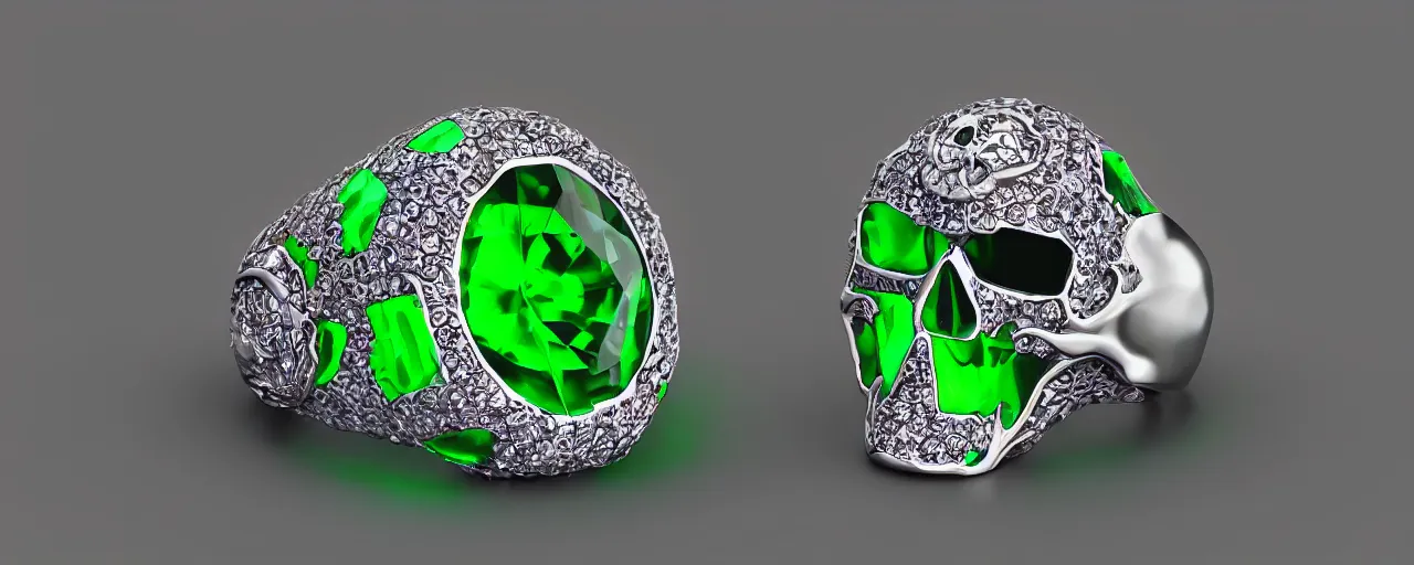 Image similar to simple magic crystal ring of poison, radiant cut, skull, skulls, green, black, purple. smooth shank, setting, prongs, crystal, engravings, diamonds, product design, jewelry, gold, silver, colorful, art by gerald brom, greg rutkowski and artgerm, photo realism, unreal engine, c 4 d