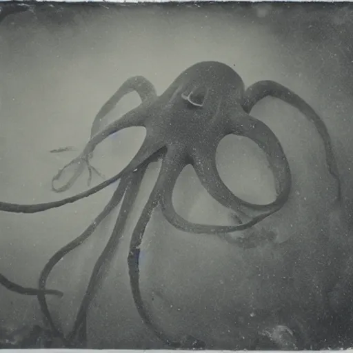 Prompt: underwater tintype photo of a giant squid