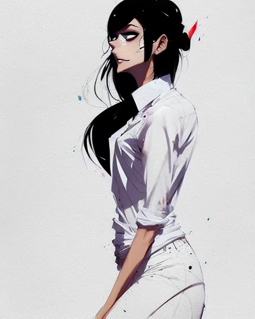 Image similar to a ultradetailed full body portrait of a woman dressed in a white shirt with a tie, by conrad roset, greg rutkowski and makoto shinkai trending on artstation