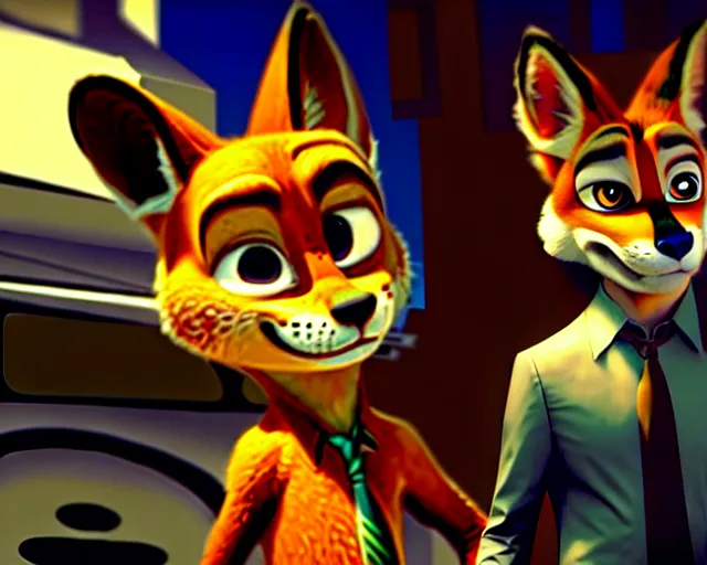 Prompt: nick wilde as max payne 3 set in gritty neo - noir zootopia, gun battle through the favela / furvela