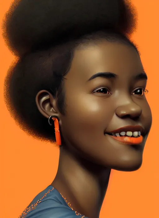 Image similar to portrait of shy black girl, realistic, natural hair, afro puffs, pointy nose, skinny, smile, nerdy, defined jawline, big chin, orange hair bow, earrings, intricate, elegant, glowing lights, highly detailed, digital painting, artstation, sharp focus, illustration, art by wlop, mars ravelo and greg rutkowski