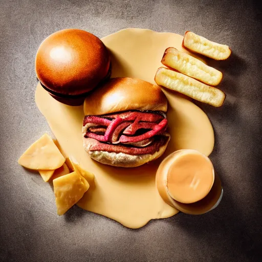 Image similar to hamburger made out of human flesh with cheese running down bun, hyper realistic, award winning food photography