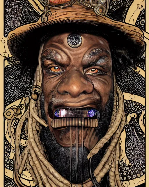 Image similar to a detailed portrait illustration of a steampunk witch - doctor. rugged black male face. fat, muscular. art nouveau, pop art, comic book style. influenced by neil gaiman, h. p. lovecraft, dan mumford, boris vallejo, vadim voitekhovitch, killian eng, ross tran.