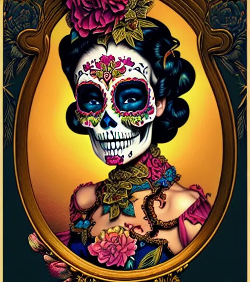 Prompt: a beautiful fancy skull lady by dan mumford and gil elvgren, folklorico, tarot, sugar skull, hyperrealism, intricate details