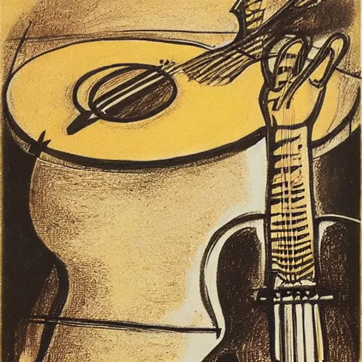 Prompt: A bee with a guitar drawn at Disney by Duchamp