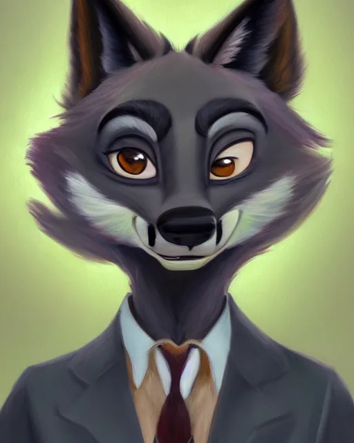 Image similar to oil painting of anthromorphic female wolf, in style of zootopia, female fursona, furry, furaffinity, 4 k, deviantart, furry art, fursona art, wearing black business suit, business suit, wolf fursona, female, very expressive detailed feminine face,