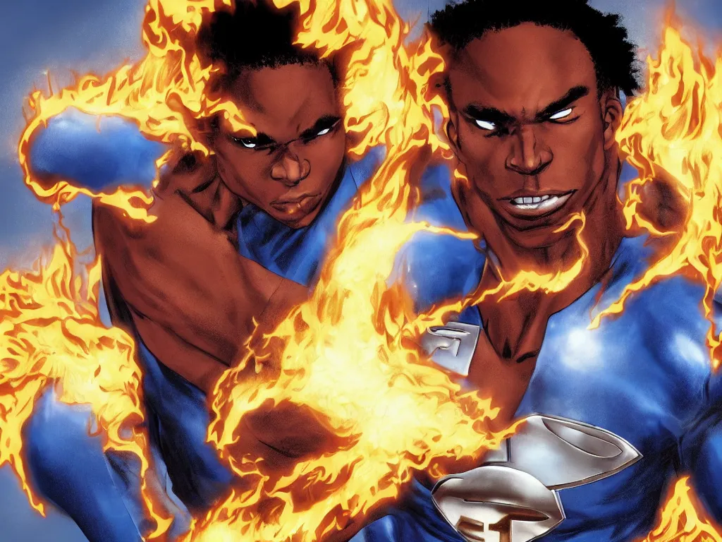 Image similar to African American Johnny Storm young male superhero of the fantastic four with flaming brown dreadlocks hair, blue uniform with the number 4 on the chest in a round logo, cinematic, high detail, no imperfections, extreme realism, high detail, extremely symmetric facial features, hyper realistic, dramatic lighting, unreal engine, by Stephen Spielberg