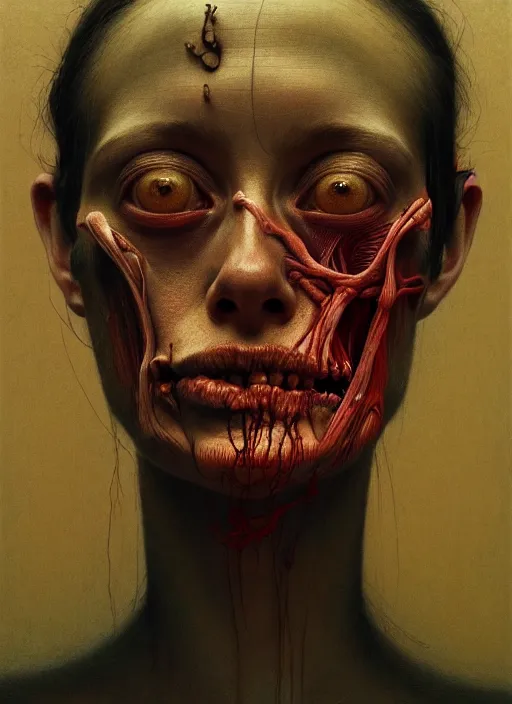 Prompt: there is ugliness in beauty, but there is also beauty in ugliness detailed portrait painting inspired by beksinski and alex gray, accurate anatomy, haunting cinematic photography, vintage grain, by jenny saville, edward hopper trending on artstation. 8 k